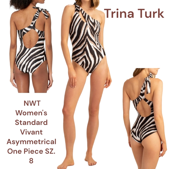 Trina Turk VIVANT ONE SHOULDER black tan white Asymmetrical One Piece swim suit - Picture 1 of 15